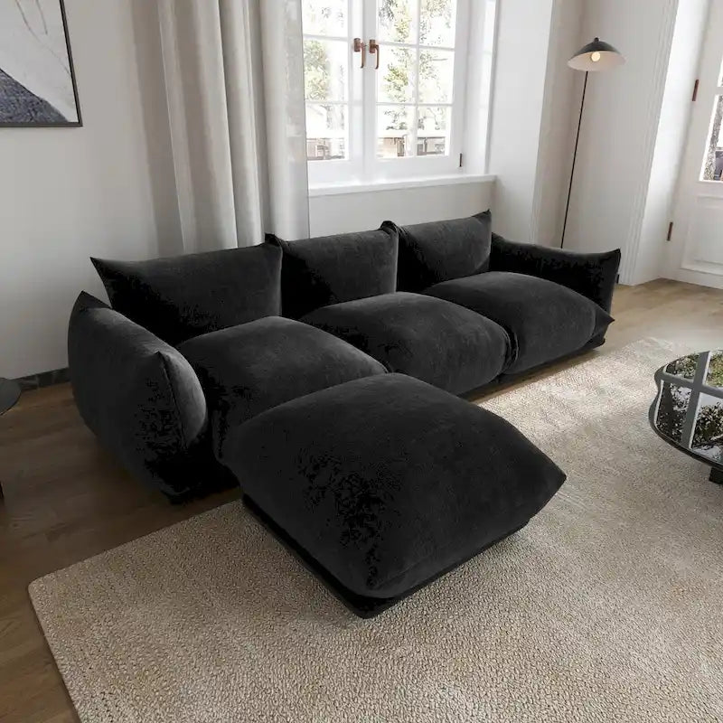 Canapé d'angle en L, canapé modulable minimaliste en chenille avec pouf