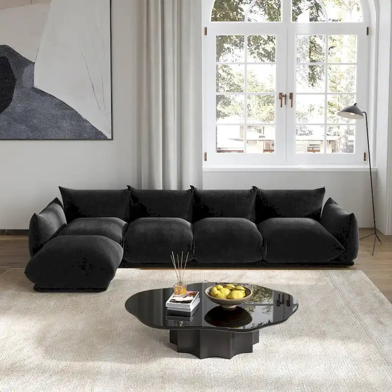 Canapé d'angle en L, canapé modulable minimaliste en chenille avec pouf