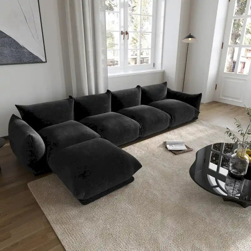 Canapé d'angle en L, canapé modulable minimaliste en chenille avec pouf