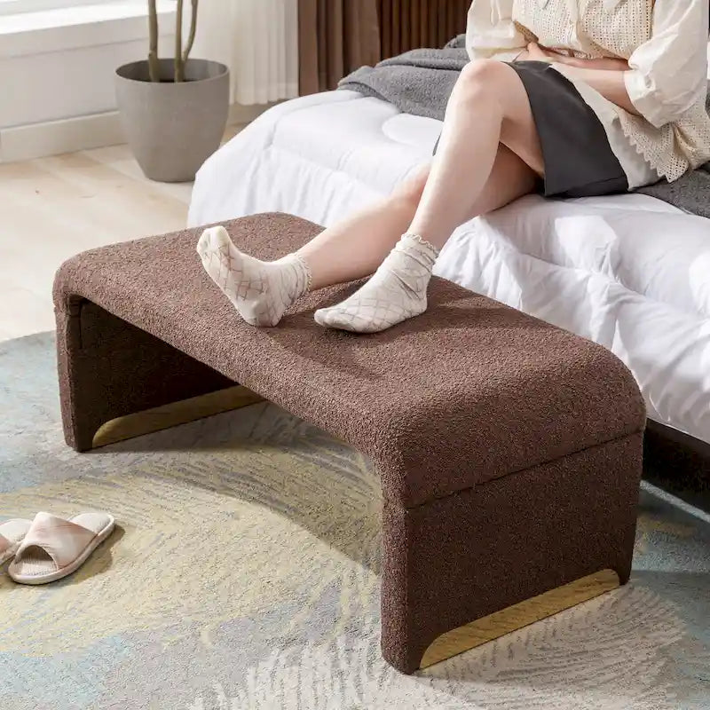 Modern New Boucle Fabric Loveseat Ottoman Footstool Bedroom Bench Shoe Bench With Gold Metal Legs