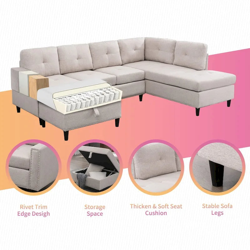 Mixoy L-Shaped Sectional Sofa with 2 Cup Holders,Storage Ottoman