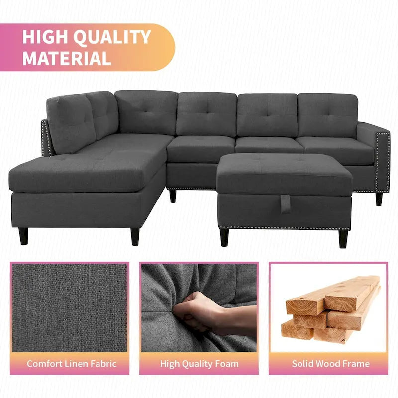 Mixoy L-Shaped Sectional Sofa with 2 Cup Holders,Storage Ottoman