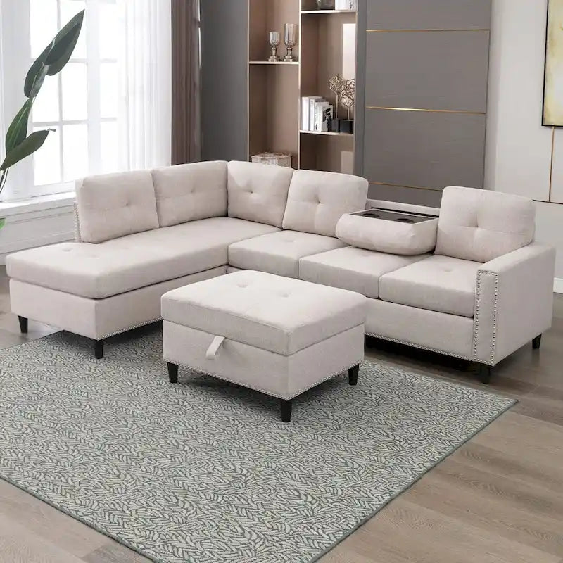 Mixoy L-Shaped Sectional Sofa with 2 Cup Holders,Storage Ottoman