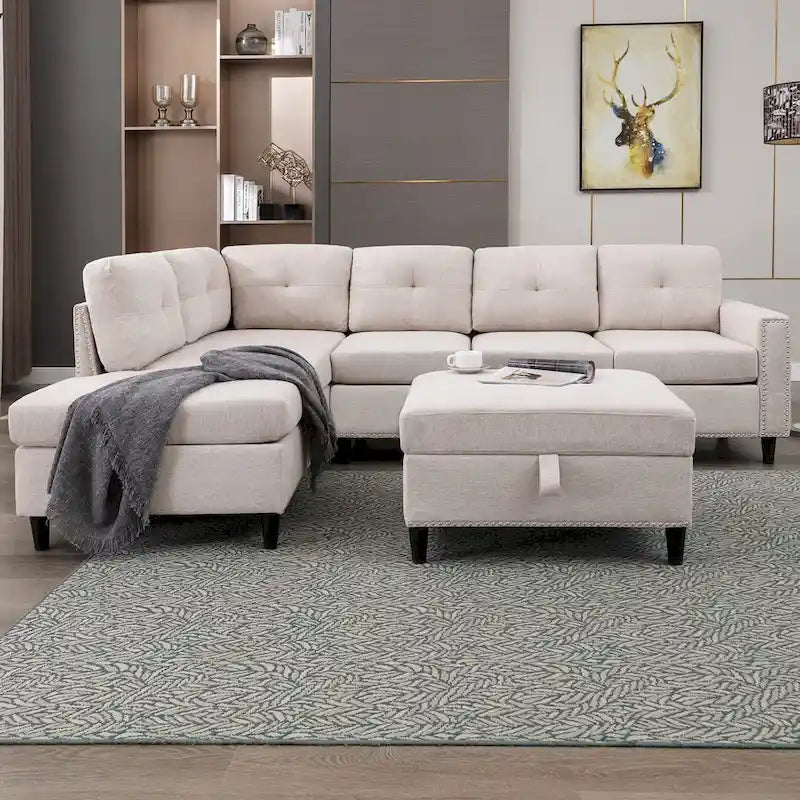 Mixoy L-Shaped Sectional Sofa with 2 Cup Holders,Storage Ottoman