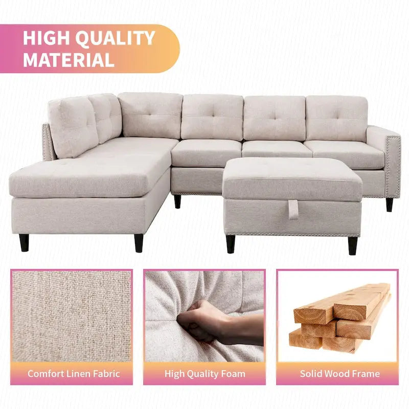 Mixoy L-Shaped Sectional Sofa with 2 Cup Holders,Storage Ottoman