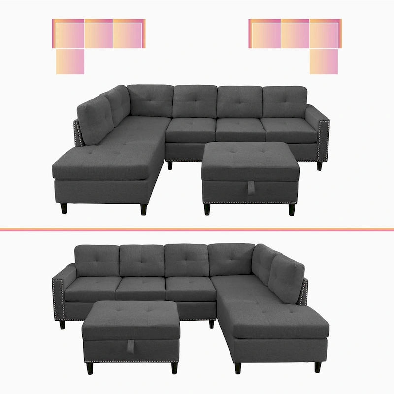 Mixoy L-Shaped Sectional Sofa with 2 Cup Holders,Storage Ottoman