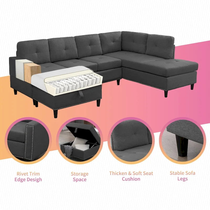 Mixoy L-Shaped Sectional Sofa with 2 Cup Holders,Storage Ottoman