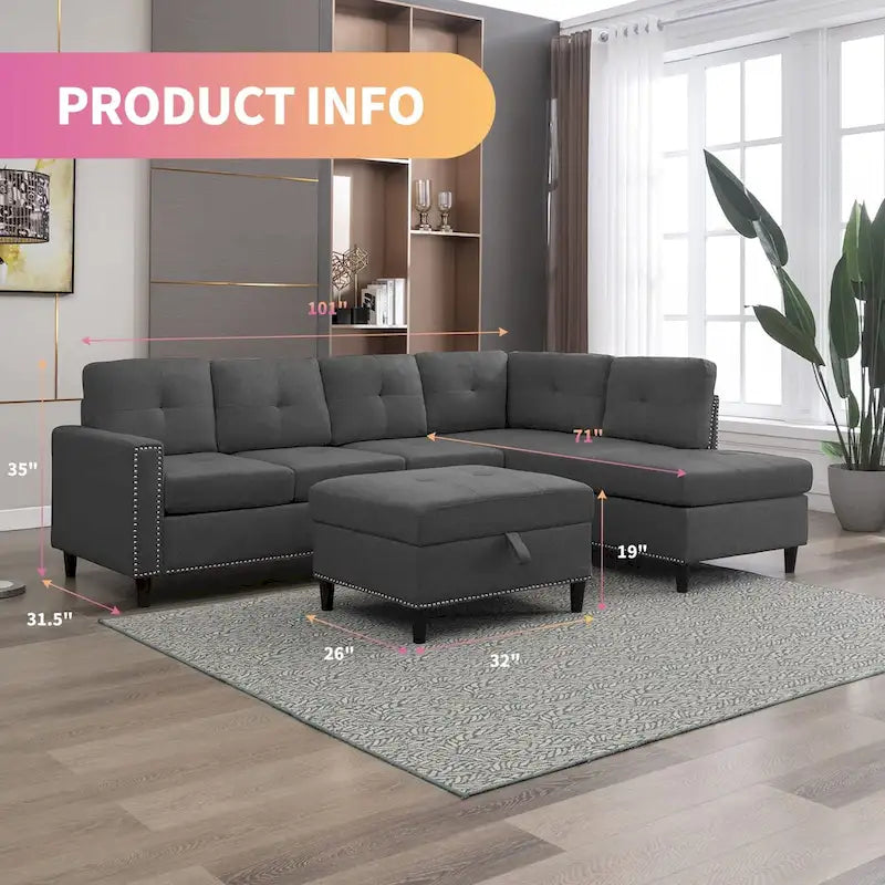 Mixoy L-Shaped Sectional Sofa with 2 Cup Holders,Storage Ottoman