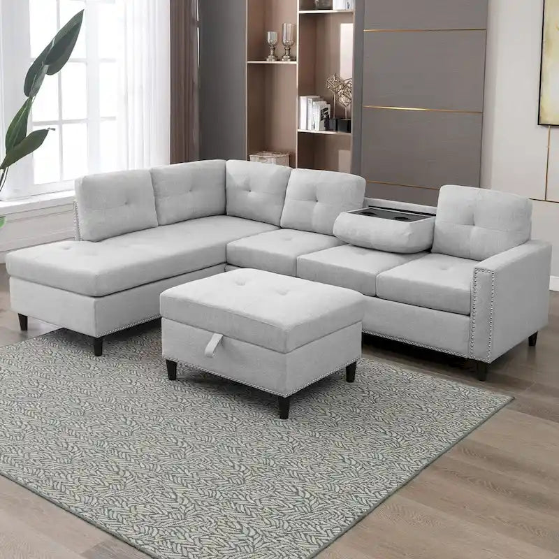 Mixoy L-Shaped Sectional Sofa with 2 Cup Holders,Storage Ottoman