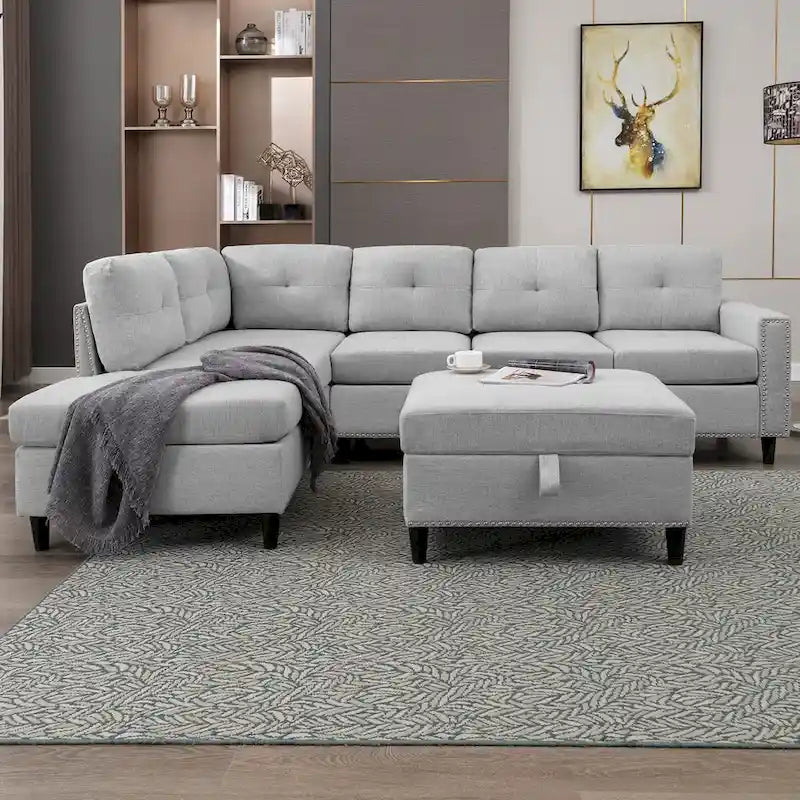 Mixoy L-Shaped Sectional Sofa with 2 Cup Holders,Storage Ottoman