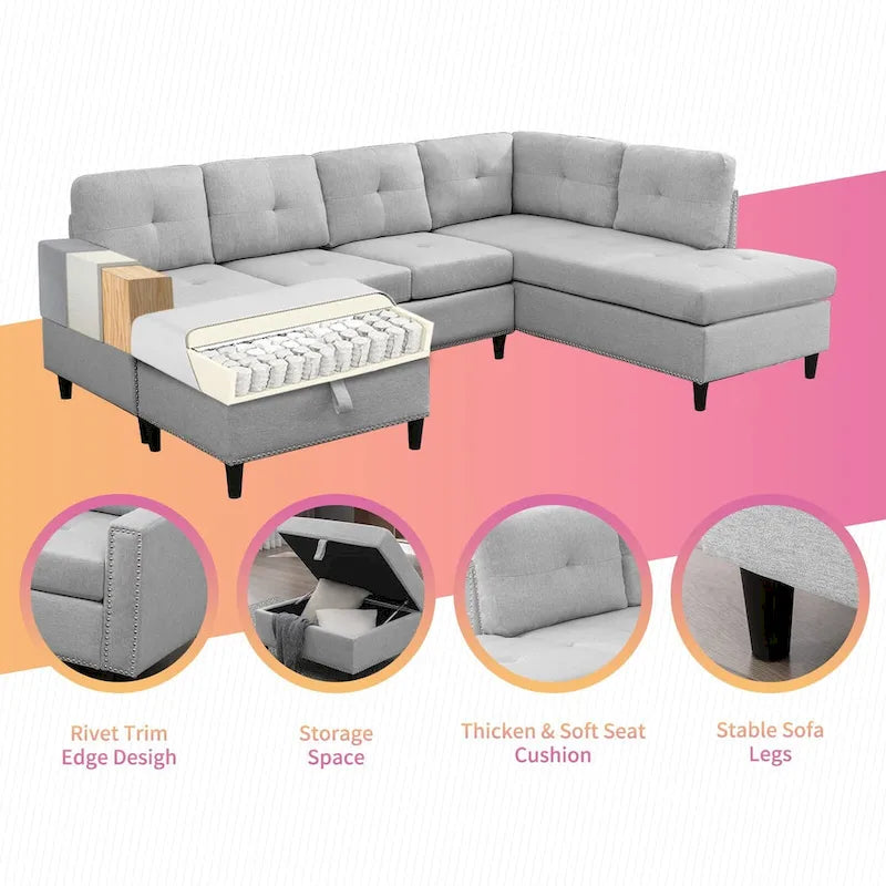 Mixoy L-Shaped Sectional Sofa with 2 Cup Holders,Storage Ottoman