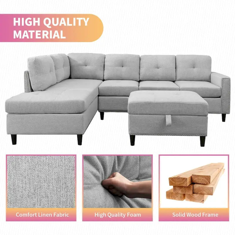 Mixoy L-Shaped Sectional Sofa with 2 Cup Holders,Storage Ottoman