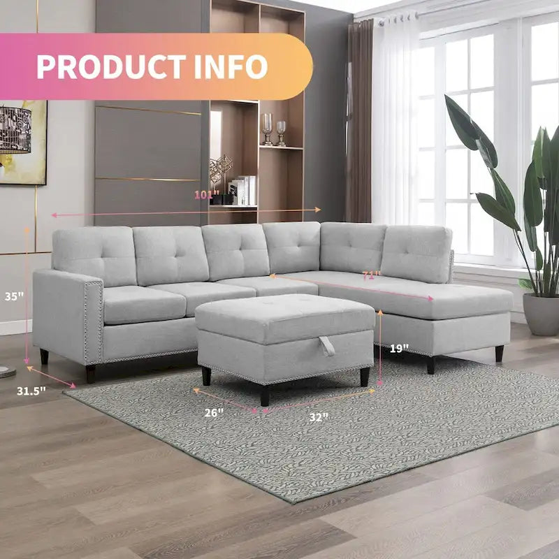 Mixoy L-Shaped Sectional Sofa with 2 Cup Holders,Storage Ottoman
