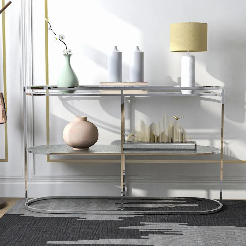 Table de canapé Taylaa Glam Chrome avec dessus en verre de 48 po et 1 étagère par Furniture of America