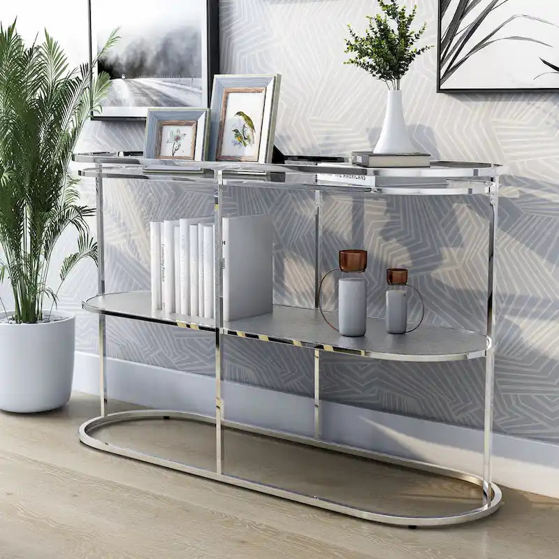 Table de canapé Taylaa Glam Chrome avec dessus en verre de 48 po et 1 étagère par Furniture of America