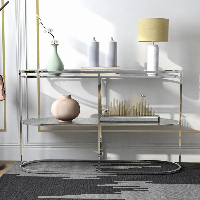 Table de canapé Taylaa Glam Chrome avec dessus en verre de 48 po et 1 étagère par Furniture of America