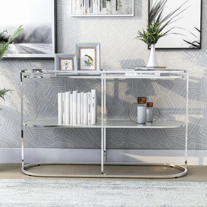 Table de canapé Taylaa Glam Chrome avec dessus en verre de 48 po et 1 étagère par Furniture of America