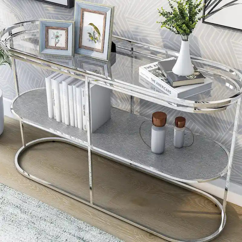 Table de canapé Taylaa Glam Chrome avec dessus en verre de 48 po et 1 étagère par Furniture of America