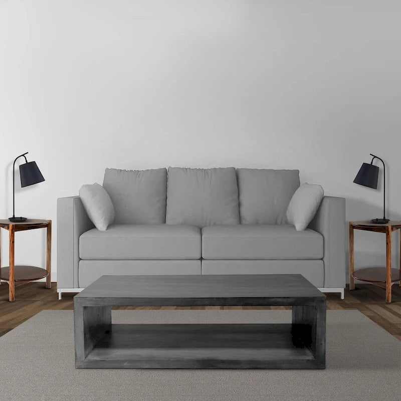 Keli 58 Inch Cube Shaped Wooden Coffee Table with Open Bottom Shelf, Charcoal Gray