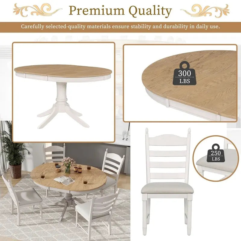 Ensemble de salle à manger rétro fonctionnel 5 pièces, table ronde extensible en bois et 4 chaises de salle à manger rembourrées