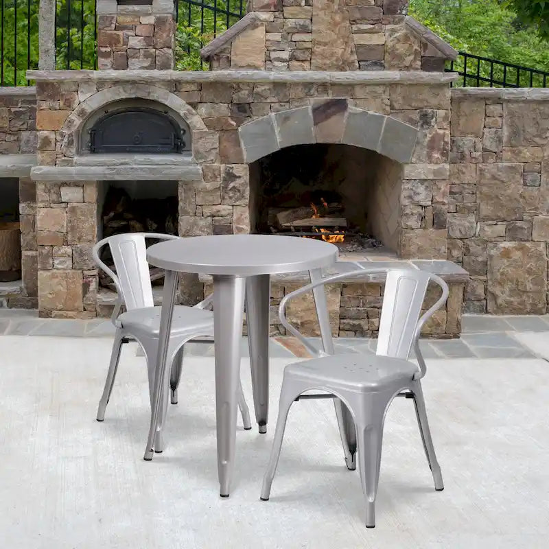 24 Round Metal Indoor-Outdoor Table Set with 2 Arm Chairs
