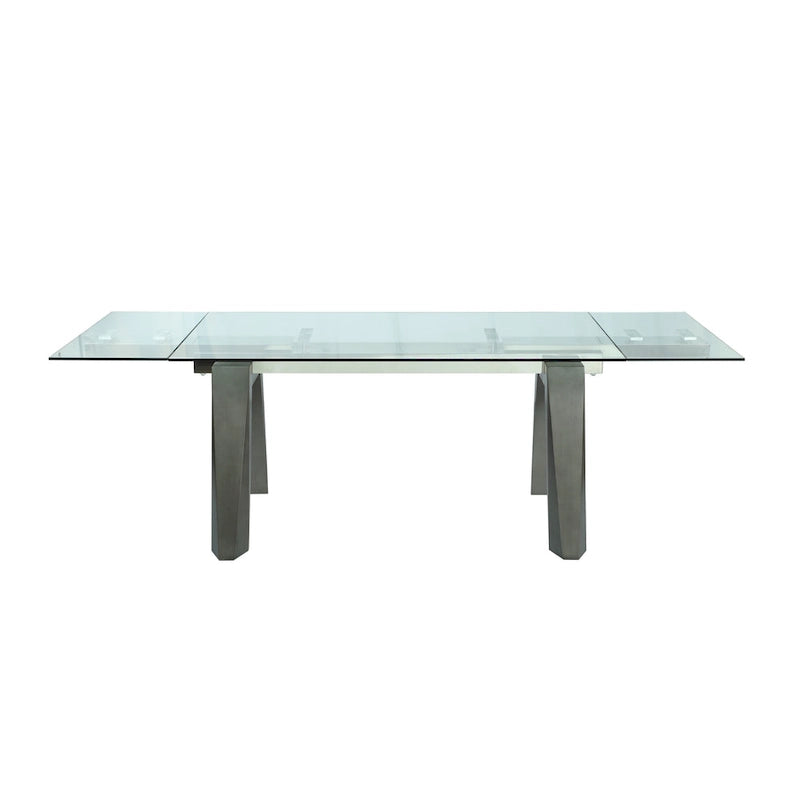 Table à manger moderne Somette avec plateau en verre extensible et pieds en bois massif
