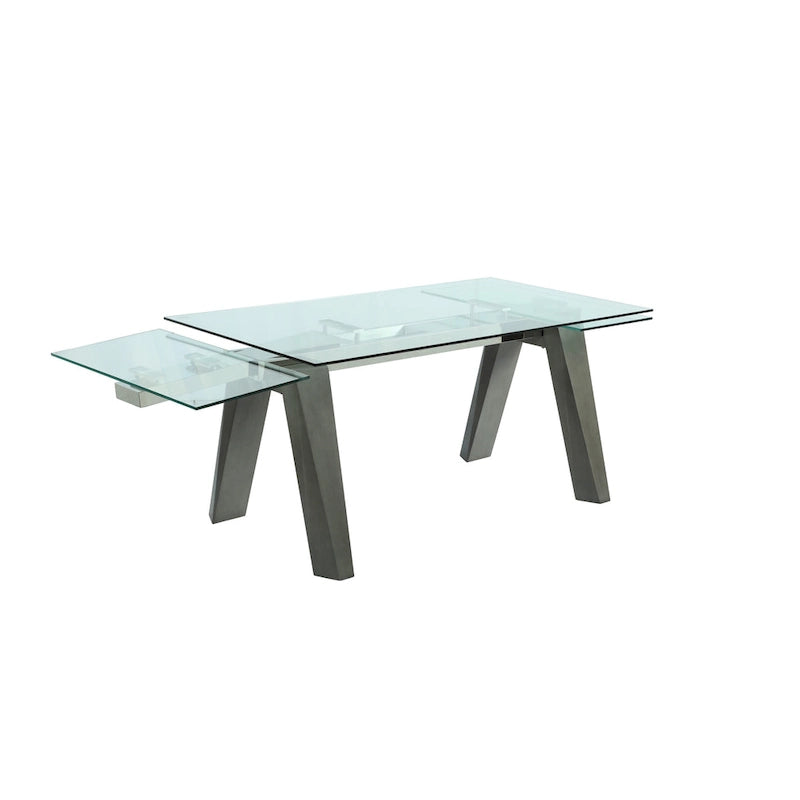 Table à manger moderne Somette avec plateau en verre extensible et pieds en bois massif