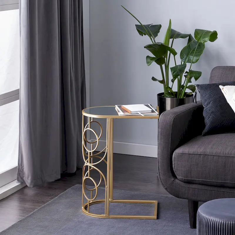 Table d'appoint géométrique en métal avec plateau en verre miroir - Or - Roche River Decor - 19L x 12P x 24H