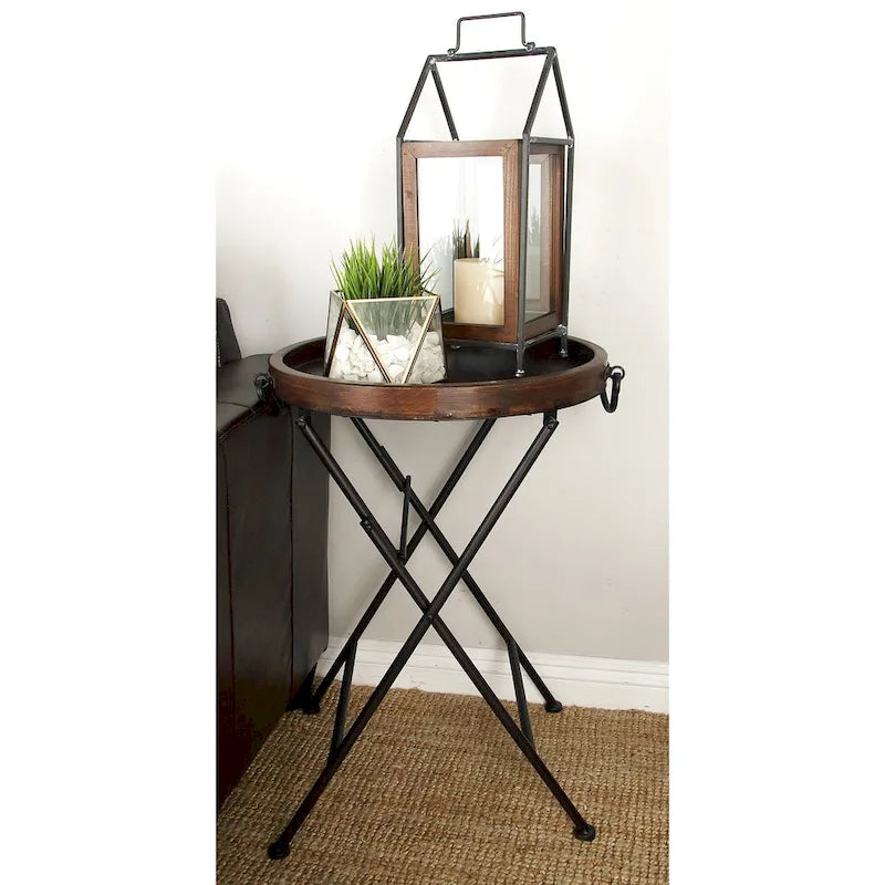 Table d'appoint en métal avec plateau en bois marron - Noir - Décor Roche River - 20L x 20P x 28H