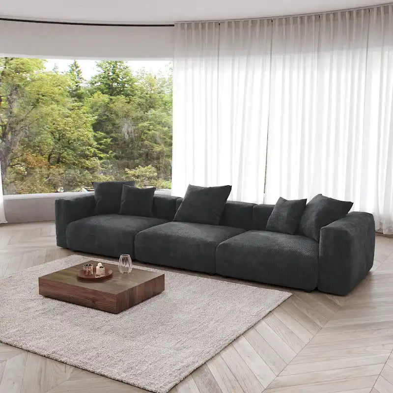 143 inch Sofa Couch- Deep Seat Sofa with 5 Pillows, 3 Seater Couch with Corduroy Fabric, Modern Sofas for Living Room
