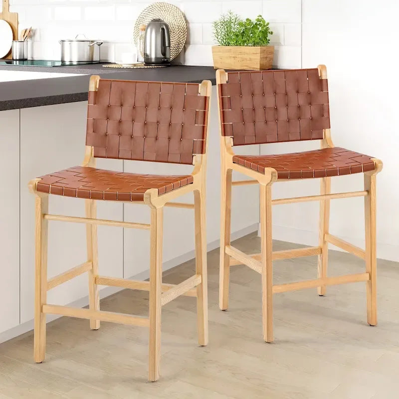 Tabourets de bar en cuir tressé, hauteur comptoir, entièrement assemblés - 18,9L x 18,9P x 38,2H