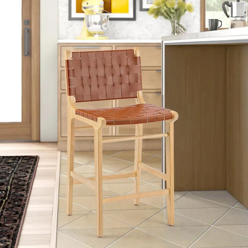 Tabourets de bar en cuir tressé, hauteur comptoir, entièrement assemblés - 18,9L x 18,9P x 38,2H