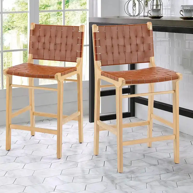 Tabourets de bar en cuir tressé, hauteur comptoir, entièrement assemblés - 18,9L x 18,9P x 38,2H