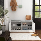 35.8W White Storage Bench with Drawers and Padded Seat Cushion