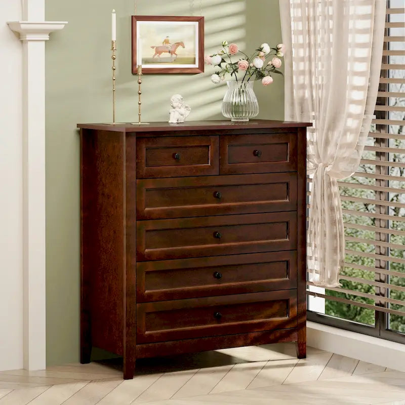 Commode 6 tiroirs en bois massif laqué