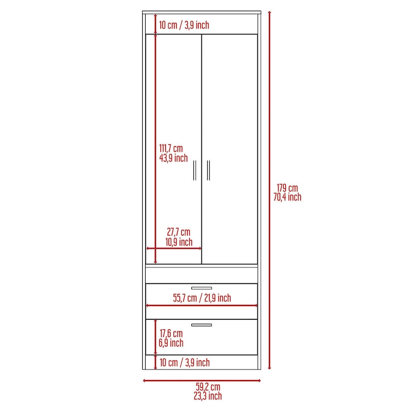 TUHOME Lisboa Armoire avec deux portes, deux tiroirs et une tringle de suspension