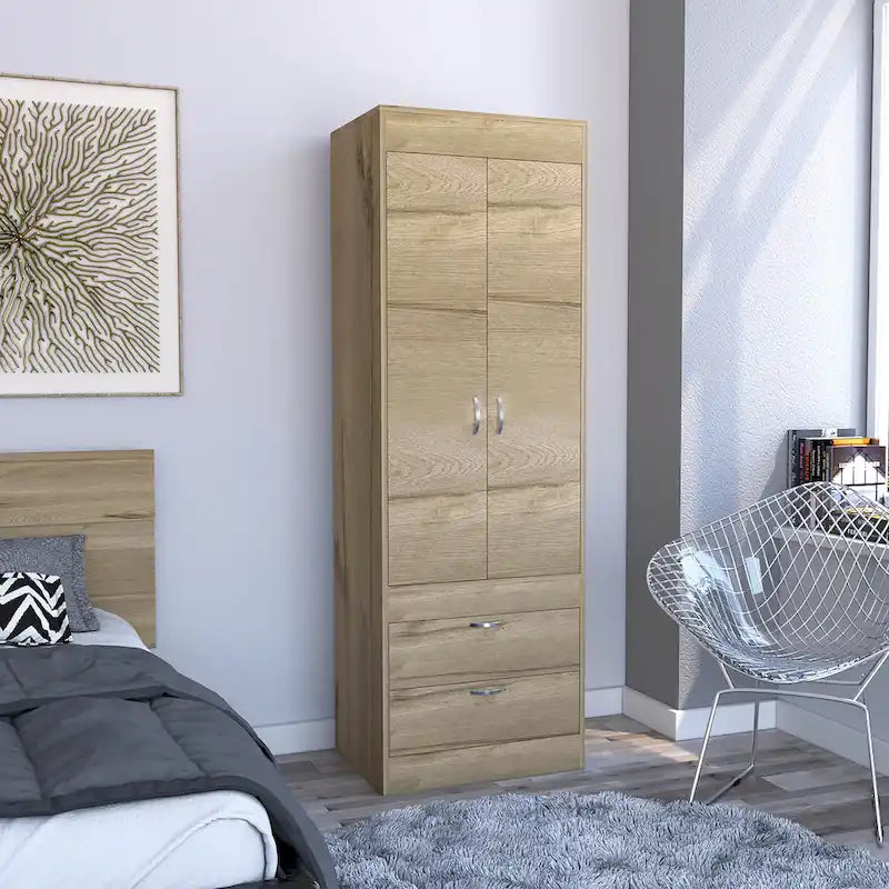 TUHOME Lisboa Armoire avec deux portes, deux tiroirs et une tringle de suspension
