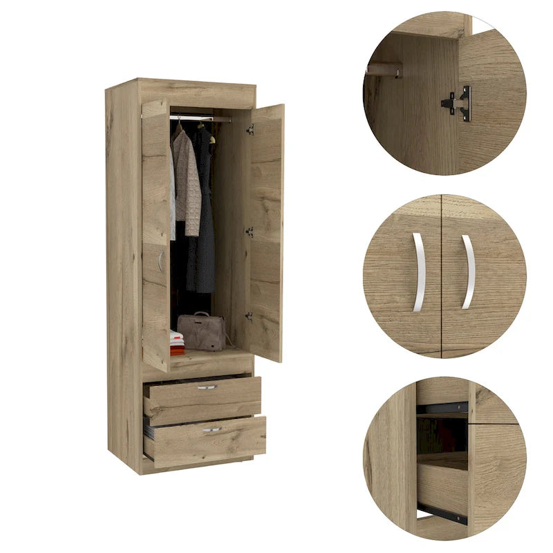 TUHOME Lisboa Armoire avec deux portes, deux tiroirs et une tringle de suspension