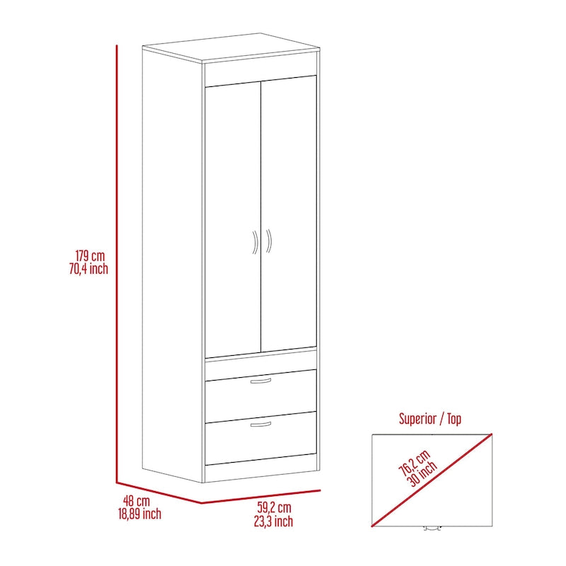 TUHOME Lisboa Armoire avec deux portes, deux tiroirs et une tringle de suspension