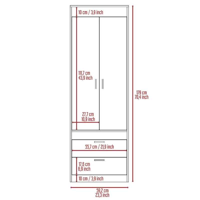 TUHOME Lisboa Armoire avec deux portes, deux tiroirs et une tringle de suspension