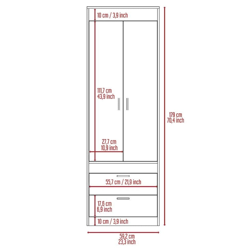 TUHOME Lisboa Armoire avec deux portes, deux tiroirs et une tringle de suspension