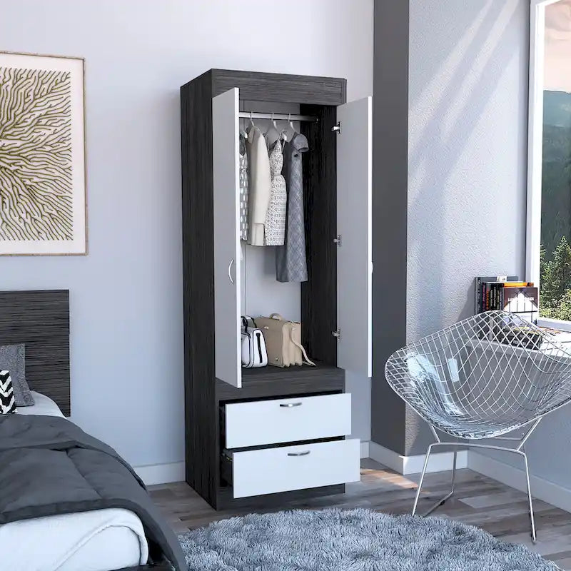 TUHOME Lisboa Armoire avec deux portes, deux tiroirs et une tringle de suspension