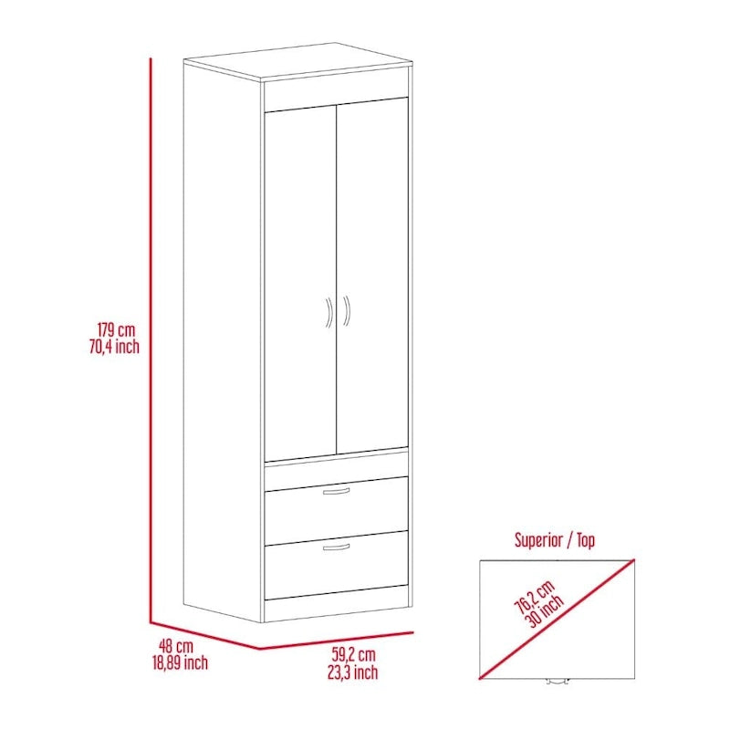 TUHOME Lisboa Armoire avec deux portes, deux tiroirs et une tringle de suspension