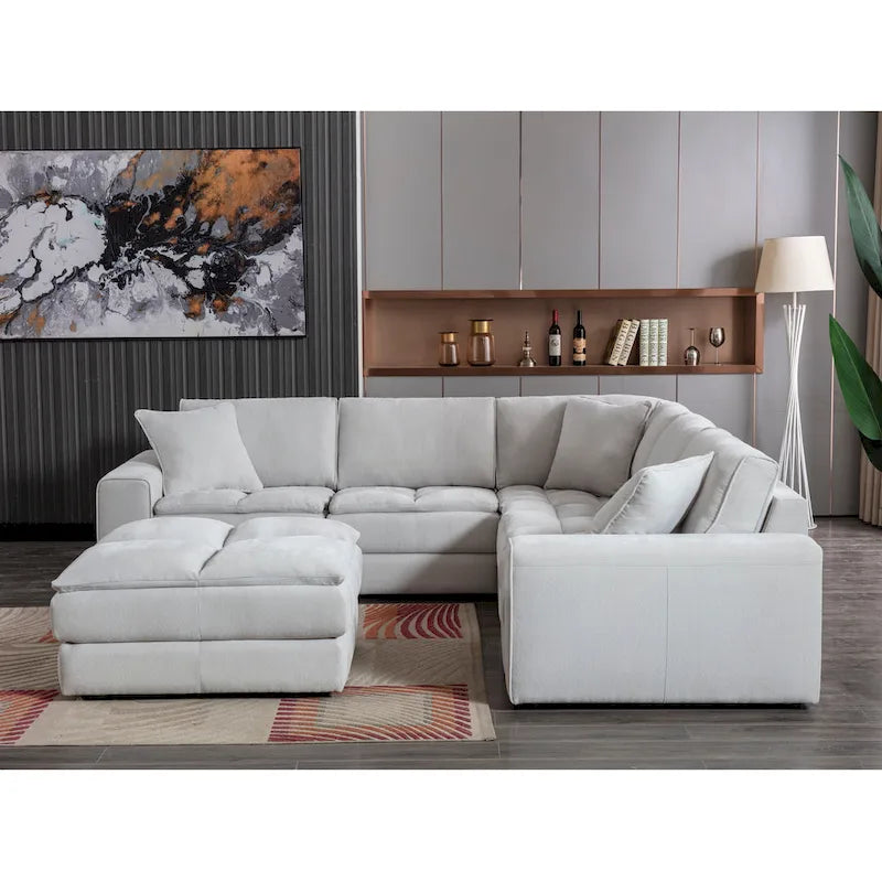 Canapé modulaire sectionnel touffeté en tissu contemporain Roundhill Furniture Breton avec pouf, coloris Oyster
