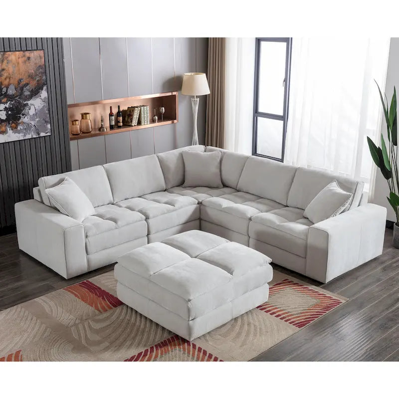 Canapé modulaire sectionnel touffeté en tissu contemporain Roundhill Furniture Breton avec pouf, coloris Oyster