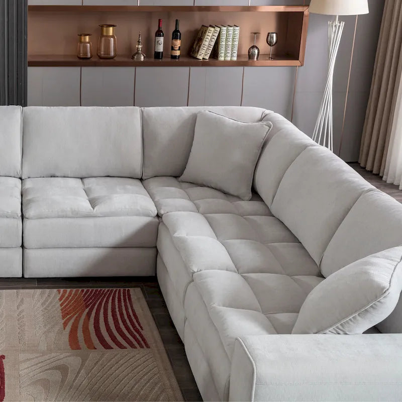 Canapé modulaire sectionnel touffeté en tissu contemporain Roundhill Furniture Breton avec pouf, coloris Oyster