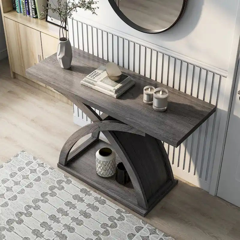 Table console de canapé Denhour DH BASIC grise patinée transitionnelle de 119 cm à 1 étagère