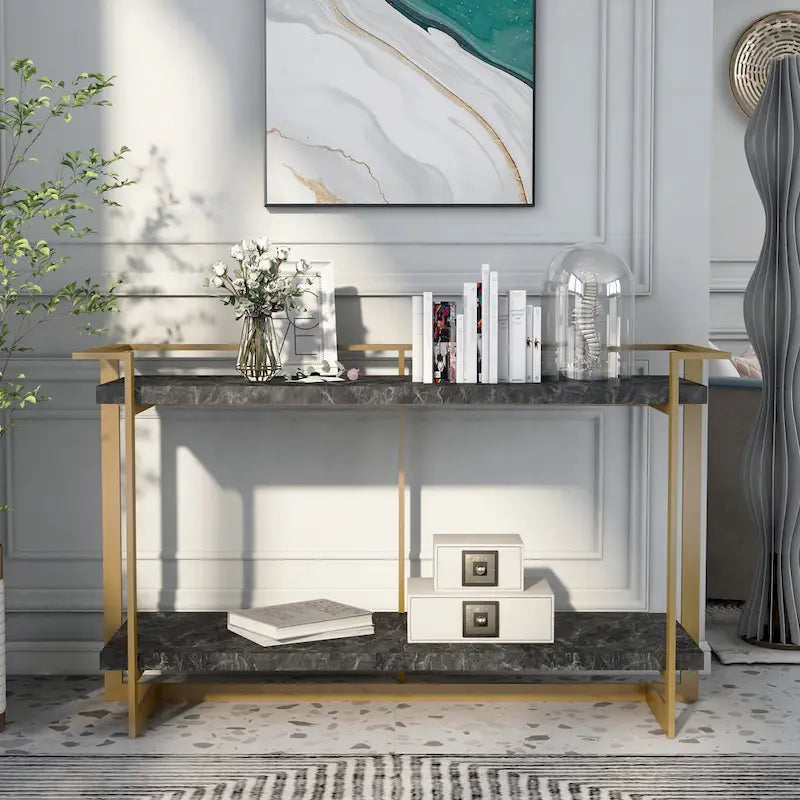 Console de canapé Lovell Glam en marbre synthétique doré et noir de 51 pouces avec 1 étagère par Furniture of America