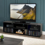 Meuble TV noir Fiji avec portes en verre, pour téléviseurs jusqu'à 85 pouces