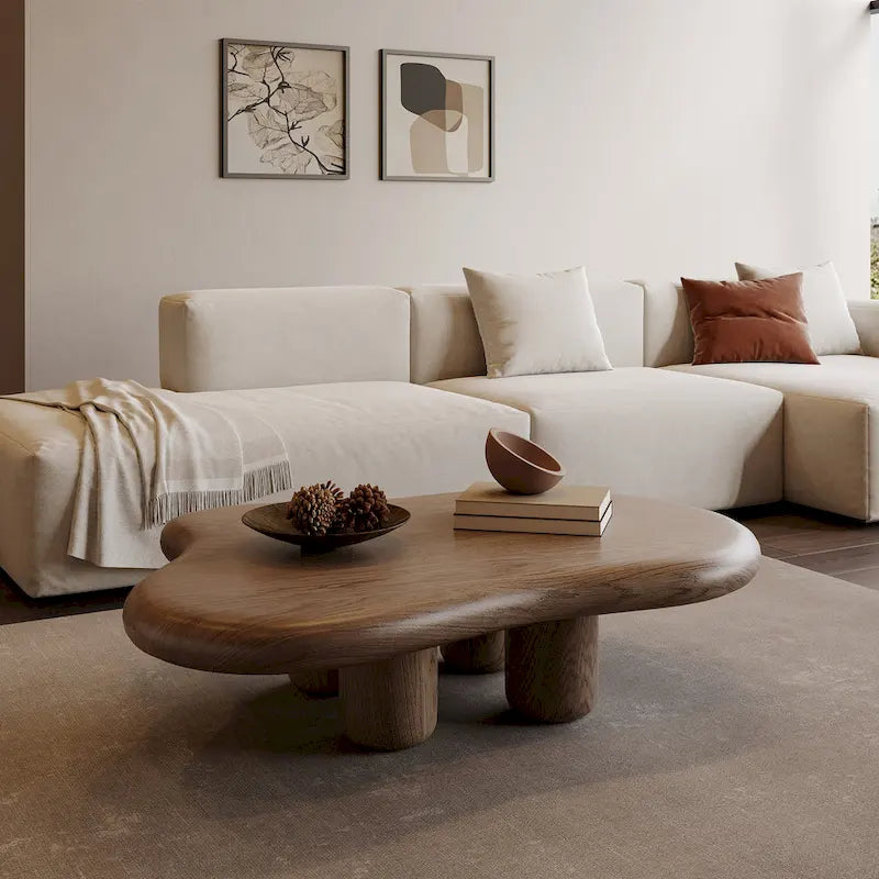 48.4inch Modern Walnut Cloud Shaped Coffee Table, Mid-Century Brown Solid Wood Coffee Table for Livingroom - 48
